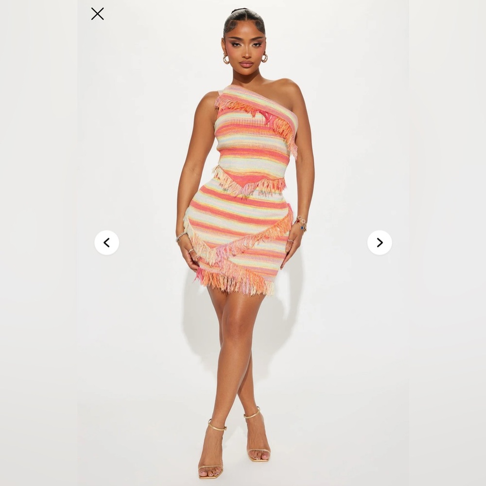 Fashion Nova One-Shoulder Fringe Striped Mini Dress - Pink, Orange, Cream